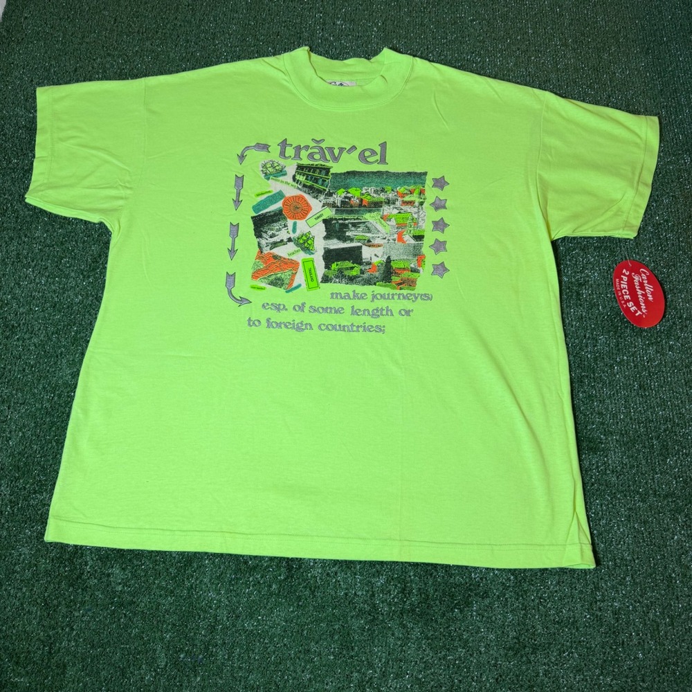 Vintage Carlton Fashions Travel Graphic T-Shirt Neon Green Made in USA Size 44